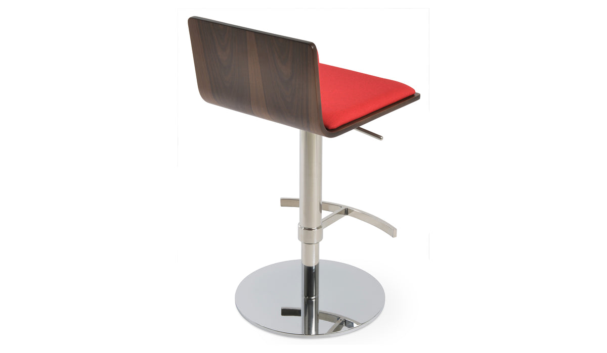 Corona T-Footrest Piston Stool by SohoConcept, showing back view of corona t-footrest piston stool in brushed stainless steel (round)/american walnut plywood seat/camira era red fabric.