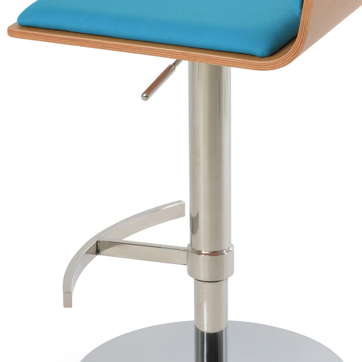 Corona T-Footrest Piston Stool by SohoConcept, showing closeup view of corona t-footrest piston stool in polished stainless steel (round)/natural plywood seat/camira era turquoise fabric.