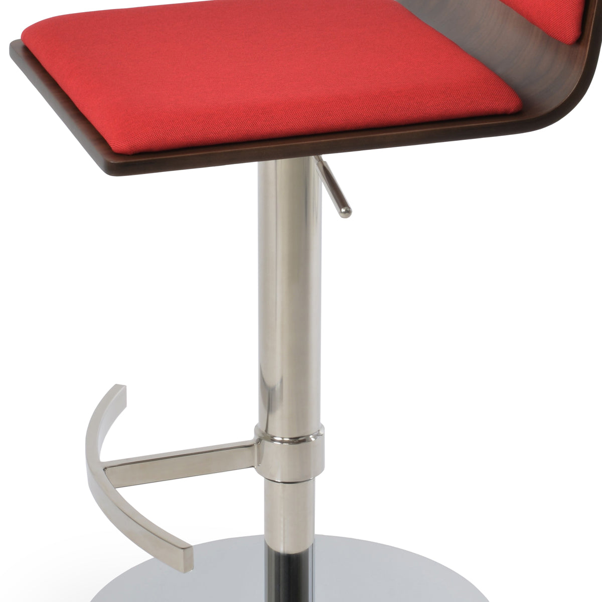 Corona T-Footrest Piston Stool by SohoConcept, showing closeup view of corona t-footrest piston stool in brushed stainless steel (round)/american walnut plywood seat/camira era red fabric.