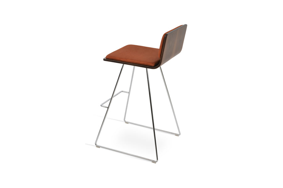 Corona Wire Bar Stool-Fabric by SohoConcept, showing back view of corona wire bar stool-fabric in chrome wire/american walnut plywood seat/nubuck cognac fabric.