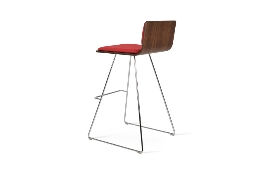 Corona Wire Bar Stool-Fabric by SohoConcept, showing back view of corona wire bar stool-fabric in chrome wire/american walnut plywood seat/camira era red fabric.