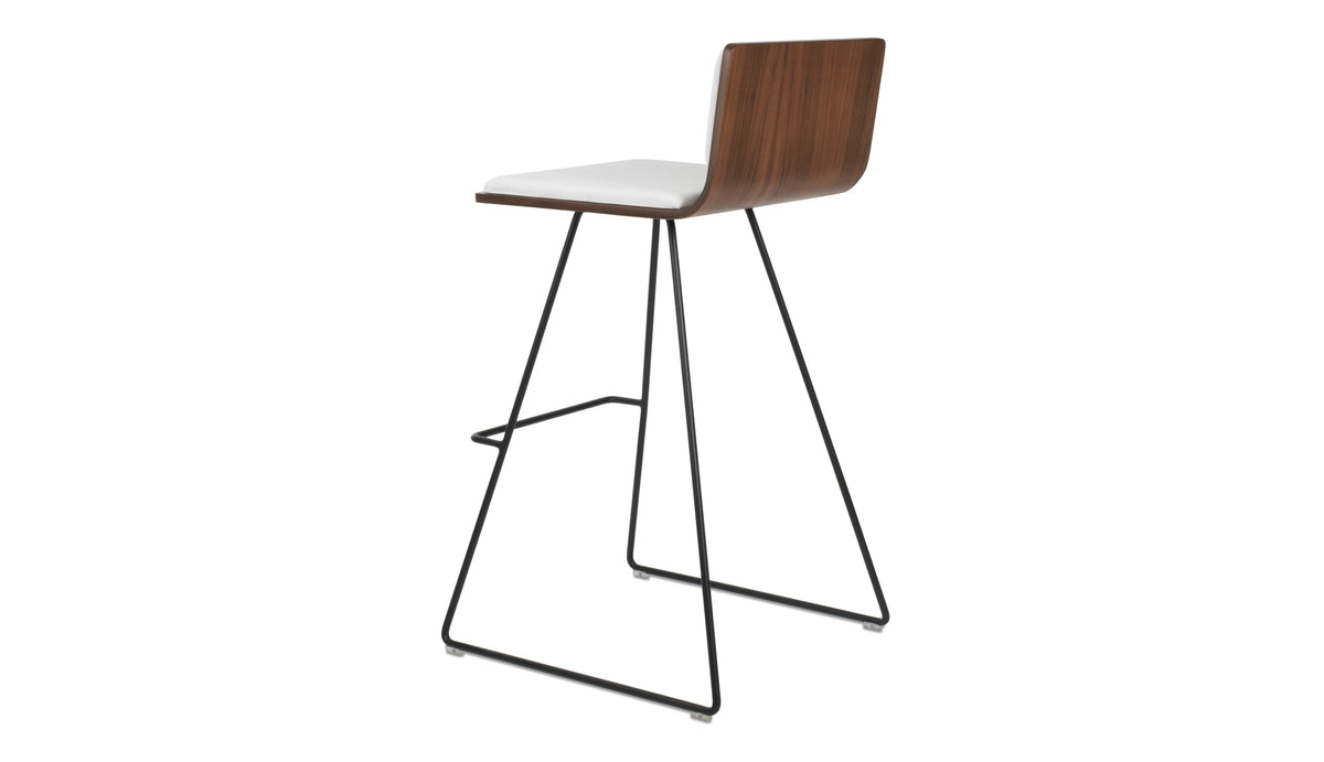 Corona Wire Bar Stool-Leather by SohoConcept, showing back view of corona wire bar stool-leather in black powder wire/american walnut plywood seat/white leatherette.