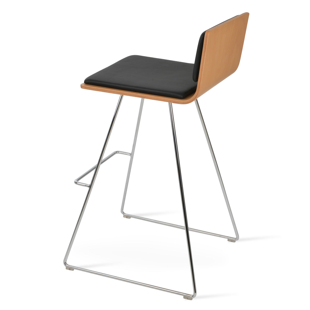 Corona Wire Bar Stool-Leather by SohoConcept, showing back view of corona wire bar stool-leather in chrome wire/natural plywood seat/black leatherette.