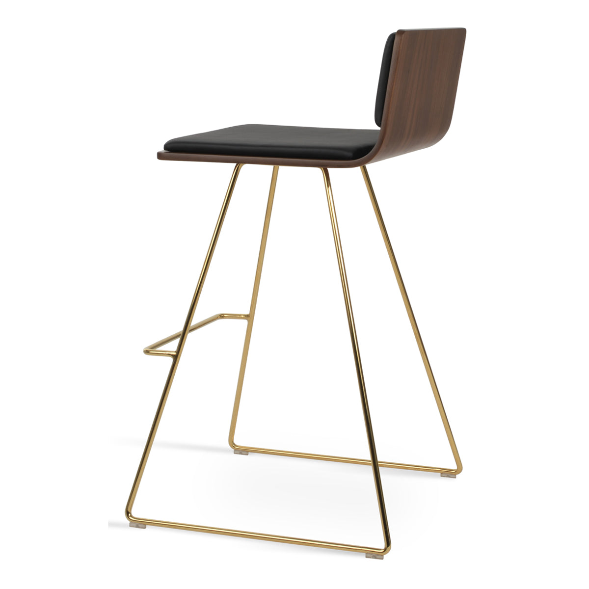 Corona Wire Bar Stool-Leather by SohoConcept, showing back view of corona wire bar stool-leather in gold plated wire/american walnut plywood seat/black leatherette.