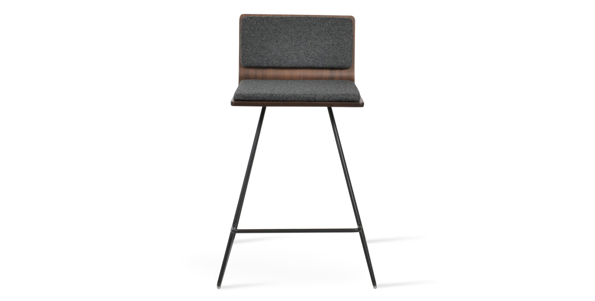 Corona Wire Counter Stool by SohoConcept, showing front view of corona wire counter stool in black powder wire/american walnut plywood seat/camira blazer dark grey wool.