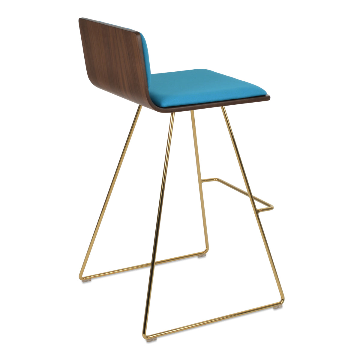 Corona Wire Counter Stool by SohoConcept, showing back view of corona wire counter stool in gold plated wire/american walnut plywood seat/camira era turquoise fabric.