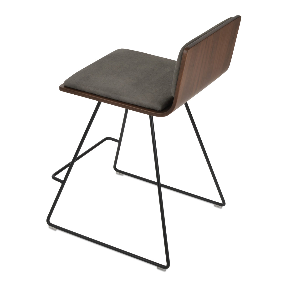 Corona Wire Counter Stool by SohoConcept, showing back view of corona wire counter stool in black powder wire/american walnut plywood seat/nubuck smoke grey fabric.