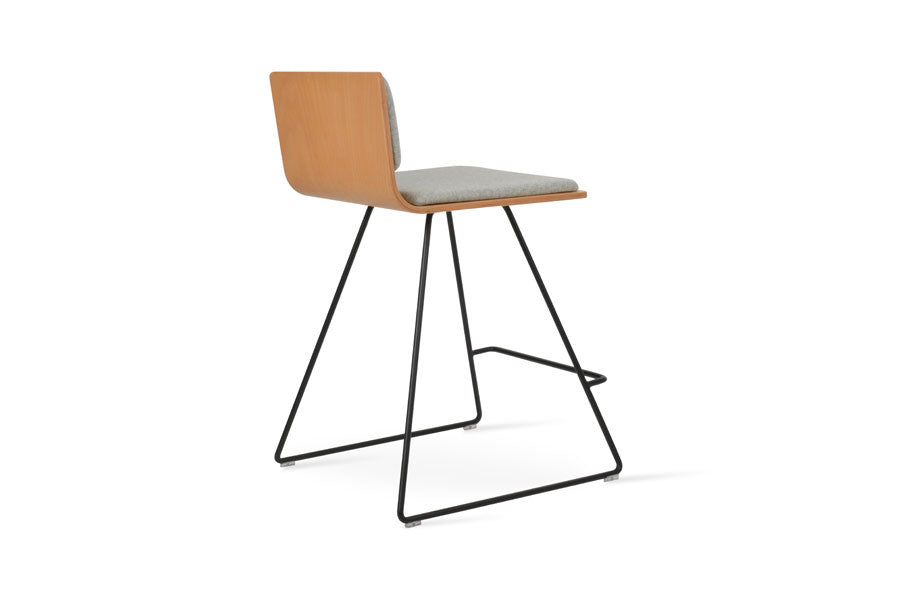 Corona Wire Counter Stool by SohoConcept, showing back view of corona wire counter stool in black powder wire/natural plywood seat/camira blazer silver wool.