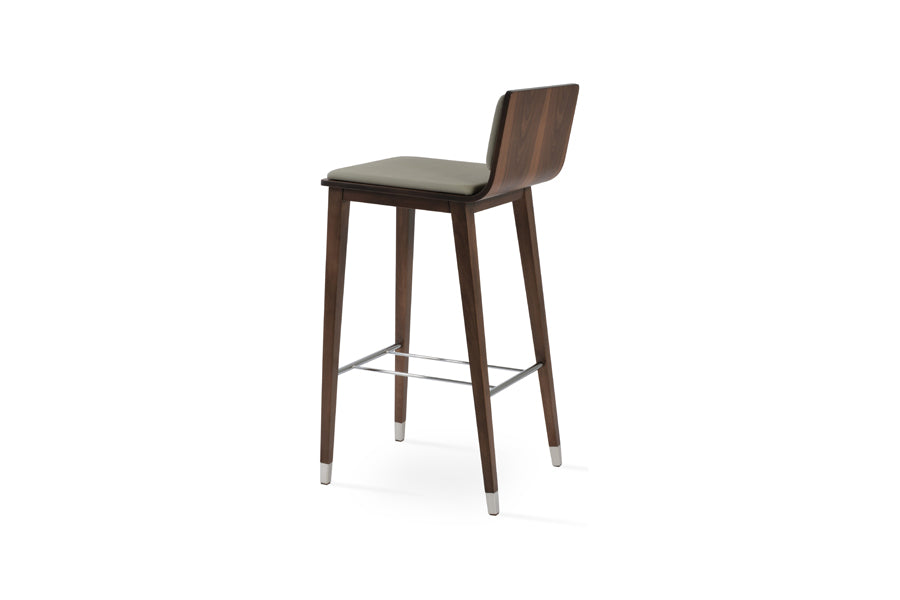 Corona Wood Stool by SohoConcept, showing back view of corona wood stool in beech walnut wood with chrome ring/light grey leatherette.