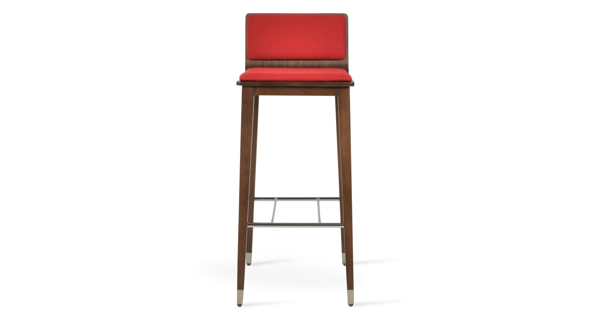 Corona Wood Stool by SohoConcept, showing front view of corona wood stool in beech walnut wood with chrome ring/camira era red fabric.