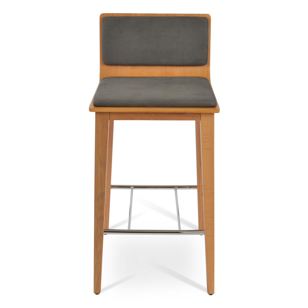 Corona Wood Stool by SohoConcept, showing front view of corona wood stool in beech natural wood/nubuck smoke grey fabric.