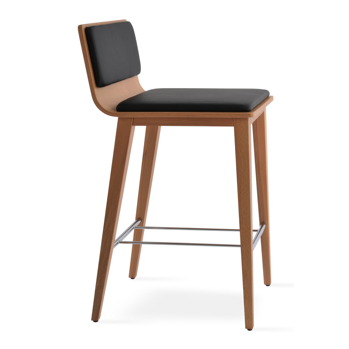 Corona Wood Stool by SohoConcept, showing side view of corona wood stool in beech natural wood/black leatherette.