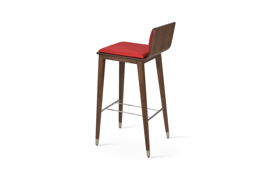 Corona Wood Stool by SohoConcept, showing back view of corona wood stool in beech walnut wood with chrome ring/camira era red fabric.