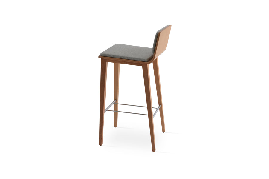 Corona Wood Stool by SohoConcept, showing side view of corona wood stool in beech natural wood/camira blazer silver wool.