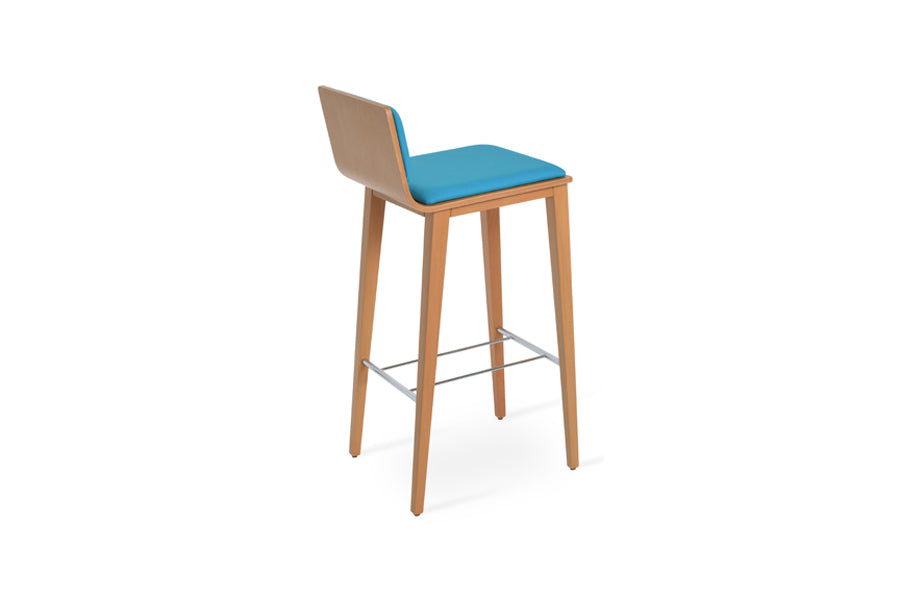 Corona Wood Stool by SohoConcept, showing back view of corona wood stool in beech natural wood/camira era turquoise fabric.
