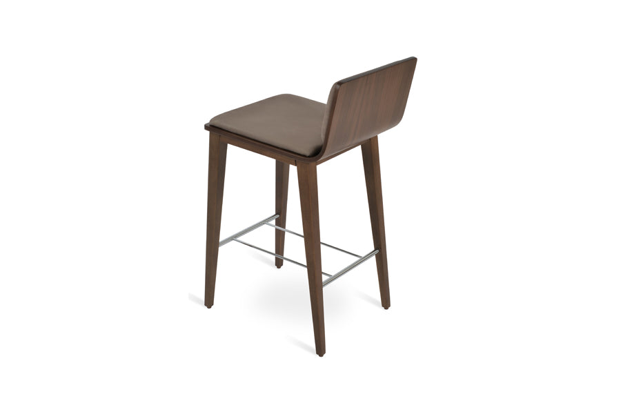 Corona Wood Stool by SohoConcept, showing back view of corona wood stool in beech walnut wood/nubuck smoke coffee fabric.