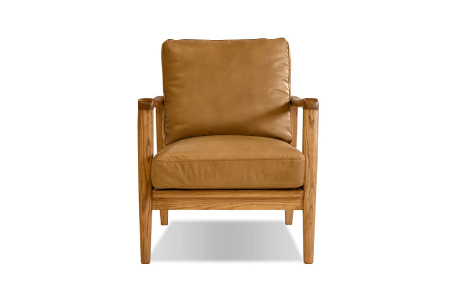 Craftsman Occasional Chair by Mobital, showing front view of craftsman occasional chairs in natural ash wood/tan leather.