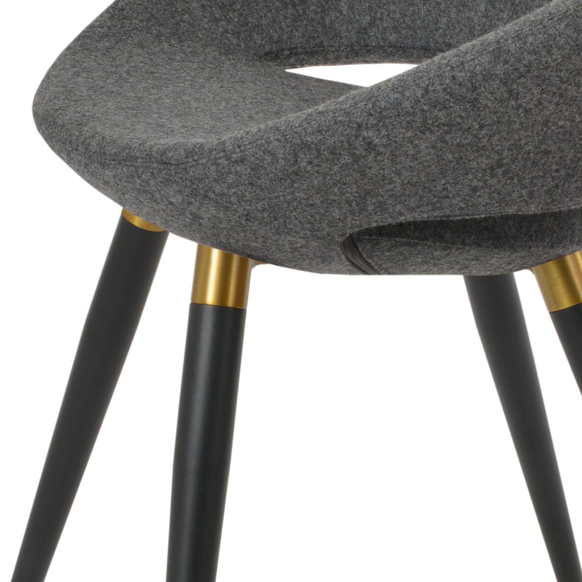 Crescent Ana Dining Chair by SohoConcept, showing closeup view of crescent ana dining chair in black powder steel with brass ring/camira blazer dark grey wool.