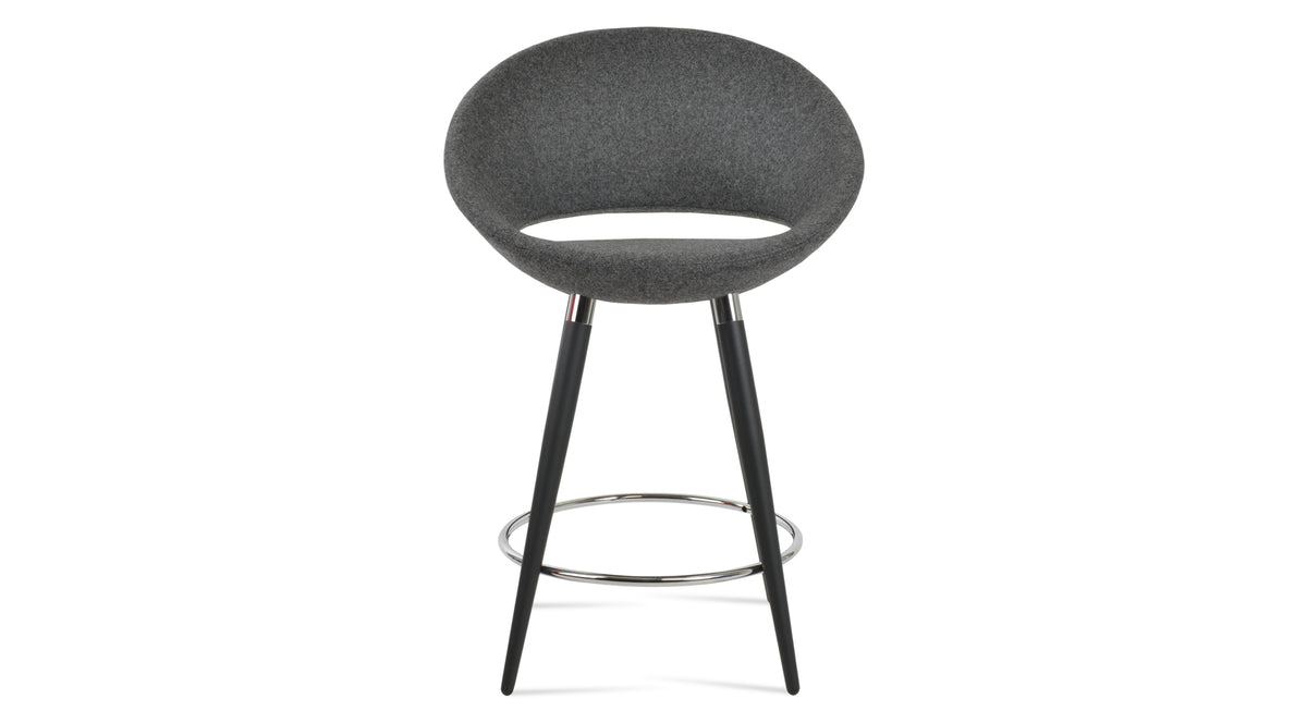 Crescent Ana Stool by SohoConcept, showing front view of crescent ana stool in black powder steel with chrome ring and footrest/camira blazer dark grey wool.