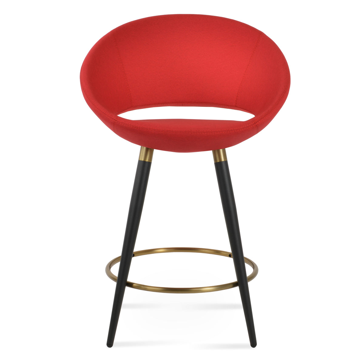 Crescent Ana Stool by SohoConcept, showing front view of crescent ana stool in black powder steel with brass ring and footrest/camira era red wool.