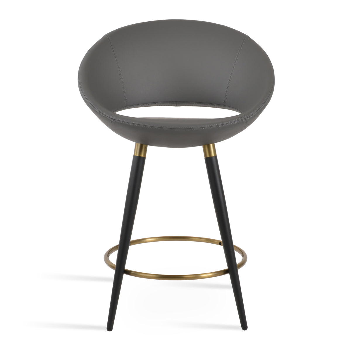 Crescent Ana Stool by SohoConcept, showing front view of crescent ana stool in black powder steel with brass ring and footrest/grey ppm.