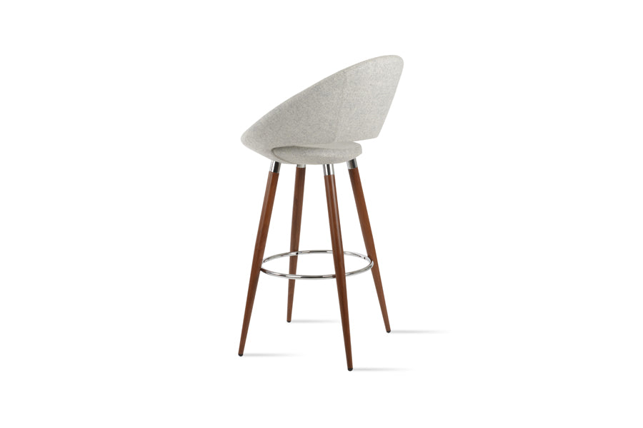 Crescent Ana Stool by SohoConcept, showing back view of crescent ana stool in walnut veneer steel with chrome ring and footrest/camira blazer sliver wool.