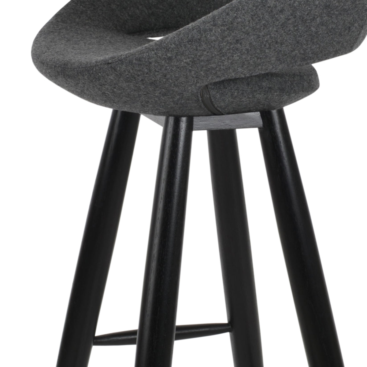 Crescent Baba Stool by SohoConcept, showing closeup view of crescent baba stool in teak wenge wood/camira blazer dark grey wool.