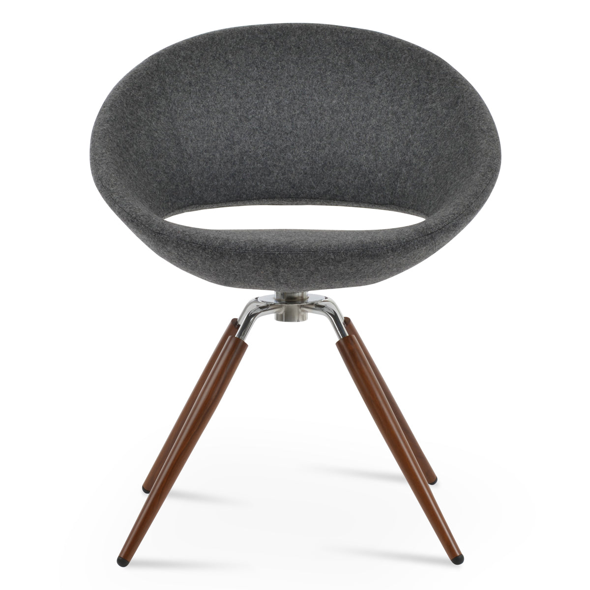 Crescent Carrot Swivel Dining Chair by SohoConcept, showing front view of crescent carrot swivel dining chair in walnut & polished stainless steel/camira blazer dark grey wool.
