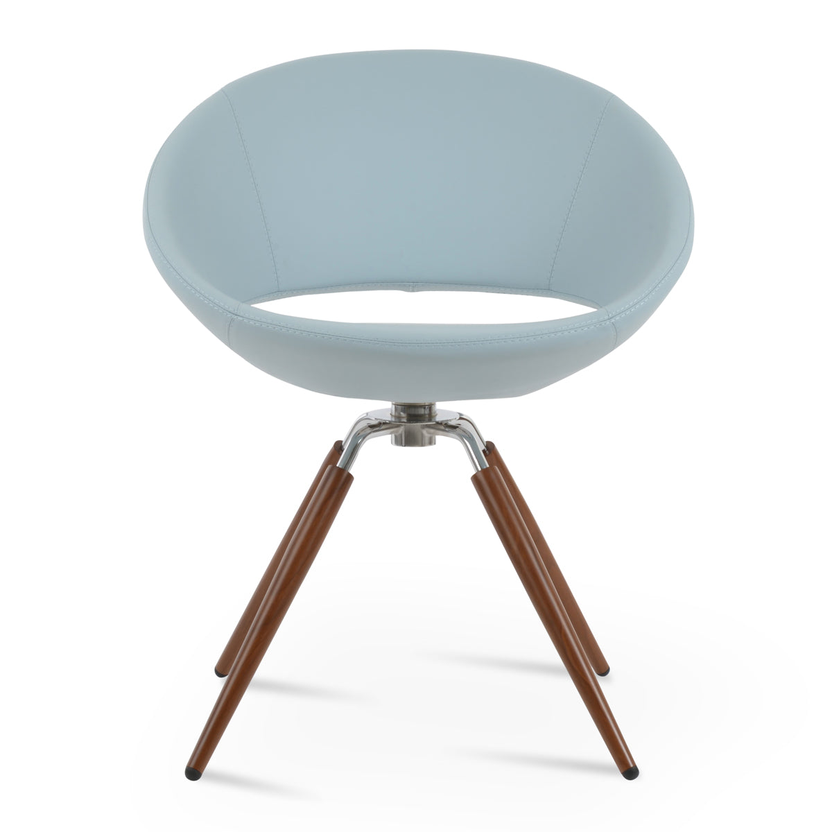 Crescent Carrot Swivel Dining Chair by SohoConcept, showing front view of crescent carrot swivel dining chair in walnut & polished stainless steel/sky blue ppm.