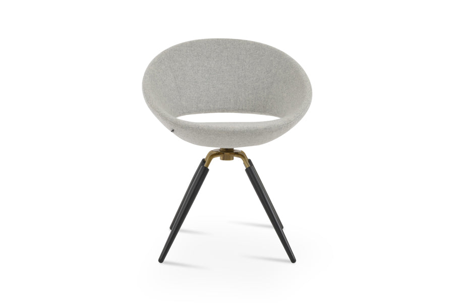 Crescent Carrot Swivel Dining Chair by SohoConcept, showing front view of crescent carrot swivel dining chair in black powder & brass/camira blazer silver wool.