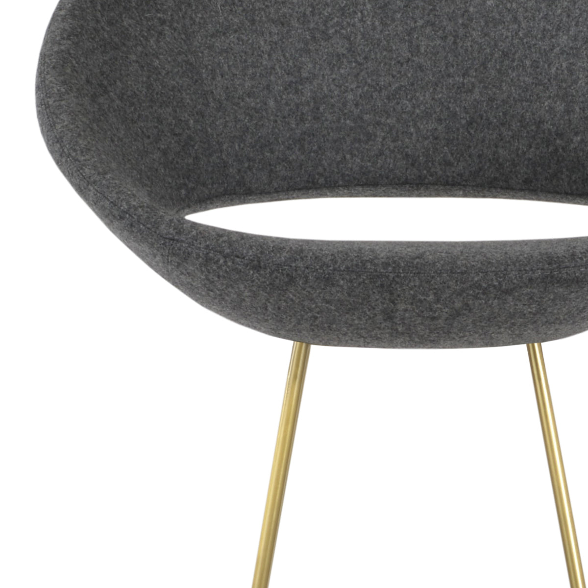 Crescent Cat-Wire Stool by SohoConcept, showing closeup view of crescent cat-wire stool in brass plated wire/camira blazer dark grey wool.