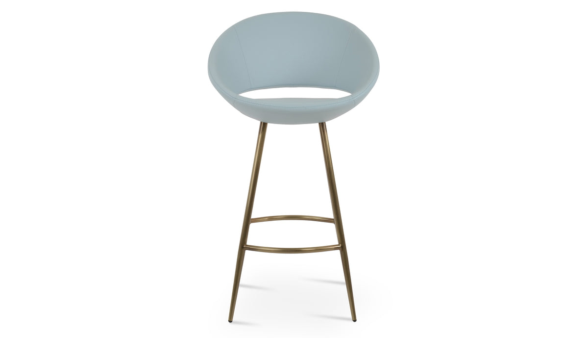 Crescent Galata Stool by SohoConcept, showing front view of crescent galata stool in brass plated steel/sky blue ppm.