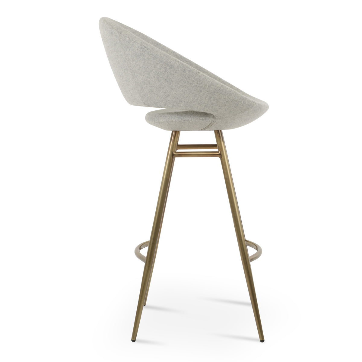 Crescent Galata Stool by SohoConcept, showing side view of crescent galata stool in brass plated steel/camira blazer silver wool.