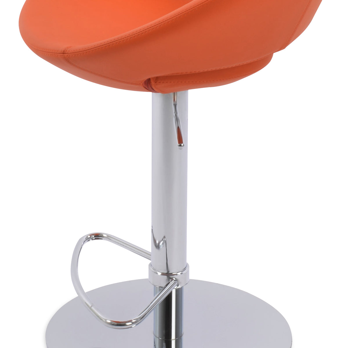 Crescent Piston Half Footrest Stool by SohoConcept, showing closeup view of crescent piston half footrest stool in round/polished stainless steel/orange ppm.
