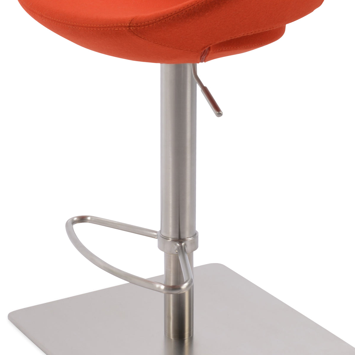Crescent Piston Half Footrest Stool by SohoConcept, showing closeup view of crescent piston half footrest stool in square/brushed stainless steel/camira blazer orange wool.