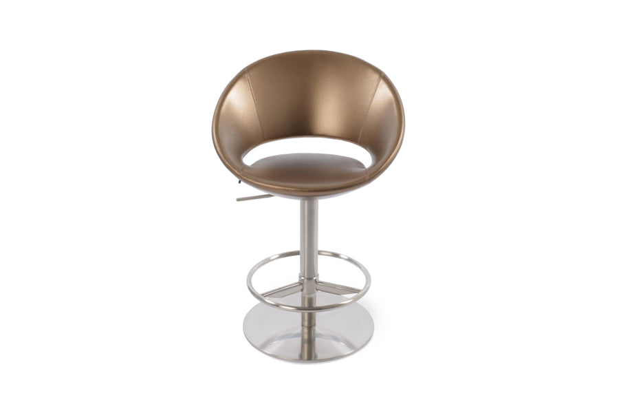 Crescent Piston Stool by SohoConcept, showing front view of crescent piston stool in polished stainless steel/gold ppm.