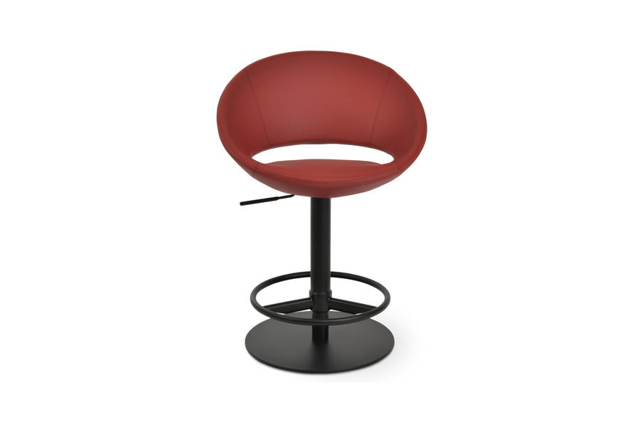 Crescent Piston Stool by SohoConcept, showing front view of crescent piston stool in black stainless steel/dark red ppm.