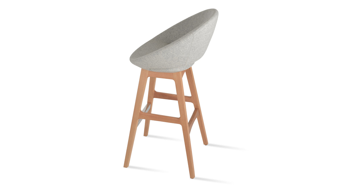 Crescent PR-Wood Bar Stool by SohoConcept, showing side view of crescent pr-wood bar stool in original natural ash wood/camira blazer silver wool.