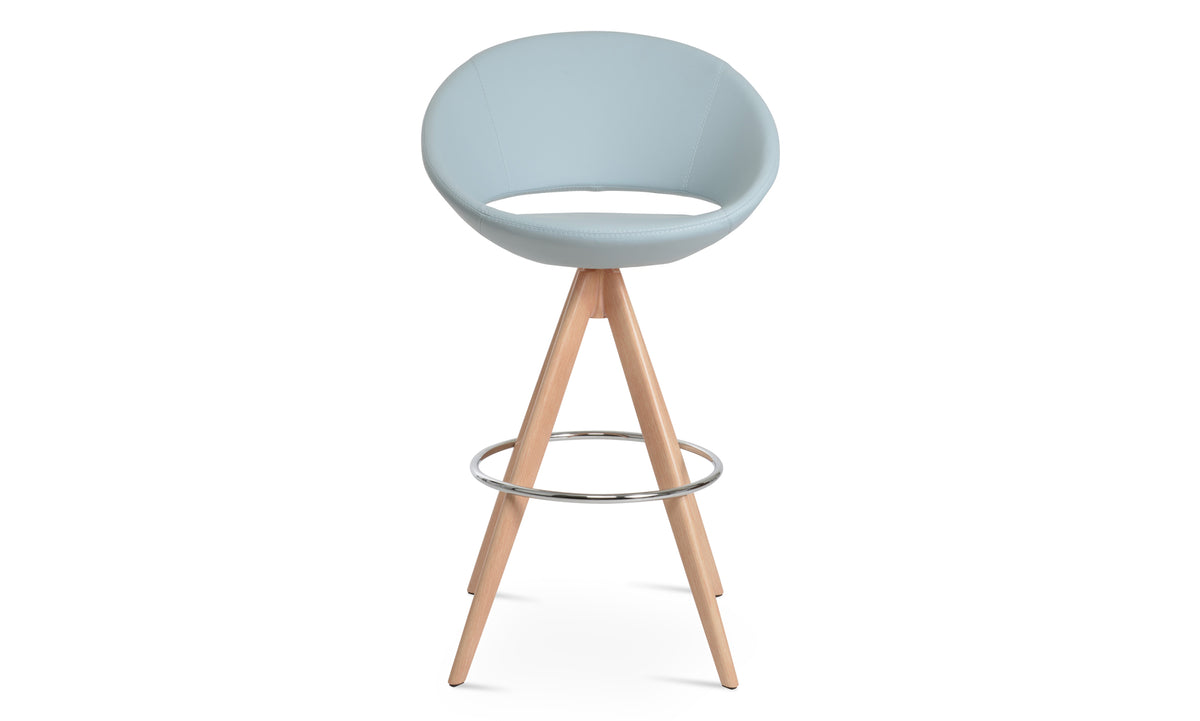 Crescent Pyramid-MW Swivel Bar Stool by SohoConcept, showing front view of crescent pyramid-mw swivel bar stool in natural veneer legs & chrome footrest/sky blue ppm.