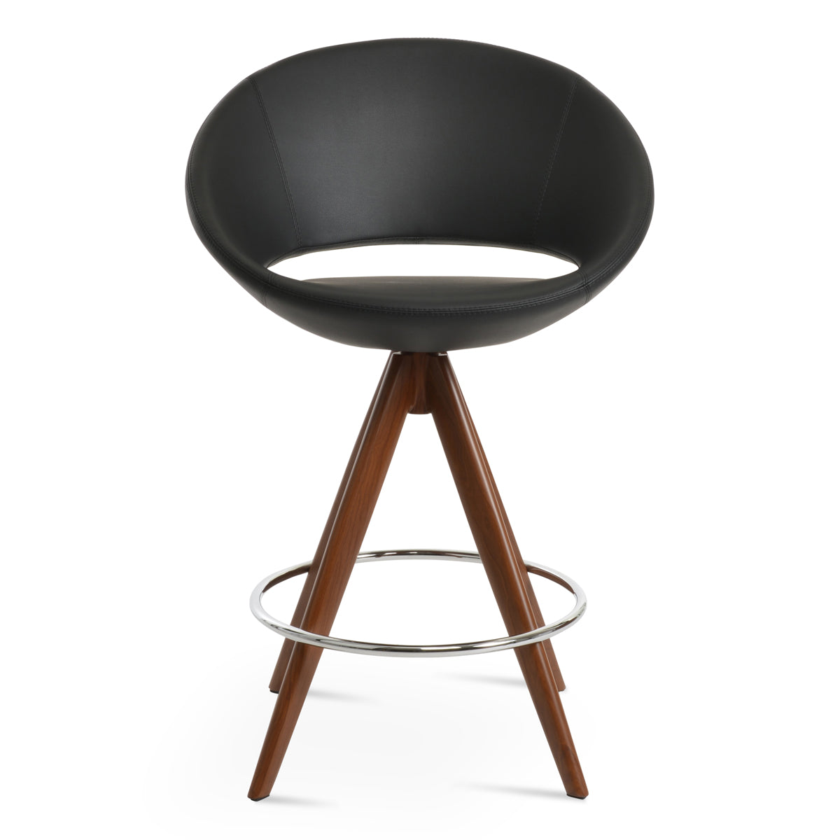 Crescent Pyramid-MW Swivel Bar Stool by SohoConcept, showing front view of crescent pyramid-mw swivel bar stool in walnut veneer legs & chrome footrest/black-a ppm.