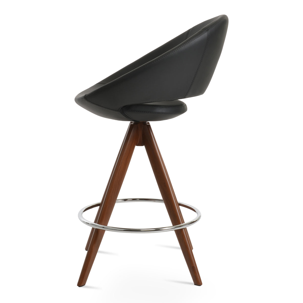 Crescent Pyramid-MW Swivel Bar Stool by SohoConcept, showing side view of crescent pyramid-mw swivel bar stool in walnut veneer legs & chrome footrest/black-a ppm.