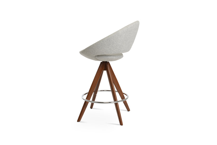 Crescent Pyramid-MW Swivel Bar Stool by SohoConcept, showing side view of crescent pyramid-mw swivel bar stool in walnut veneer legs & chrome footrest/camira blazer silver wool.
