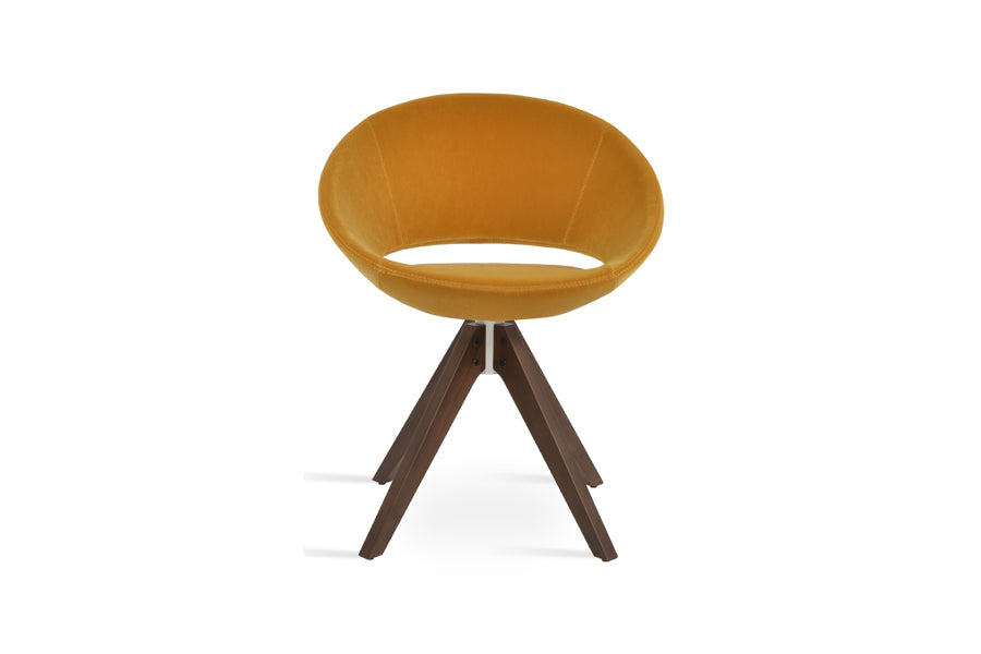 Crescent Pyramid Swivel Dining Chair by SohoConcept, showing front view of crescent pyramid swivel dining chair in beech walnut wood/new gold velvet.