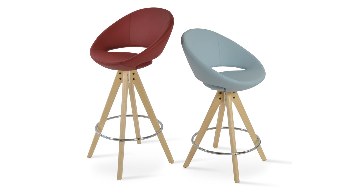 Crescent Pyramid Swivel Stool by SohoConcept, showing different angle views of crescent pyramid swivel stools in natural ash wood/dark red ppm & sky blue ppm.