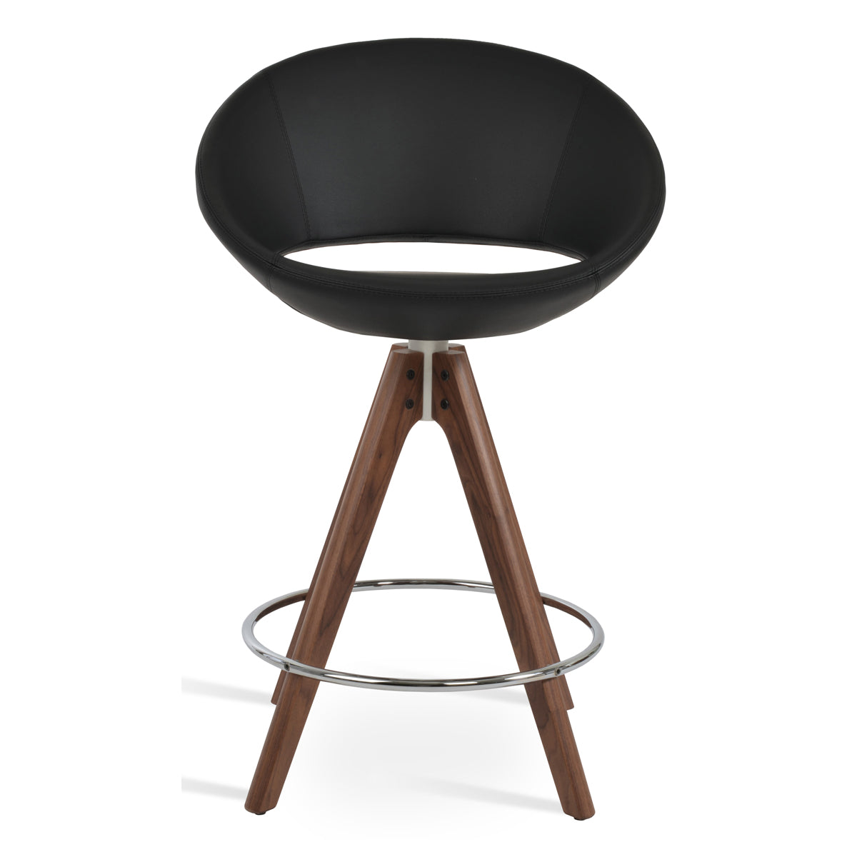 Crescent Pyramid Swivel Stool by SohoConcept, showing front view of crescent pyramid swivel stool in american walnut wood/black-a ppm.