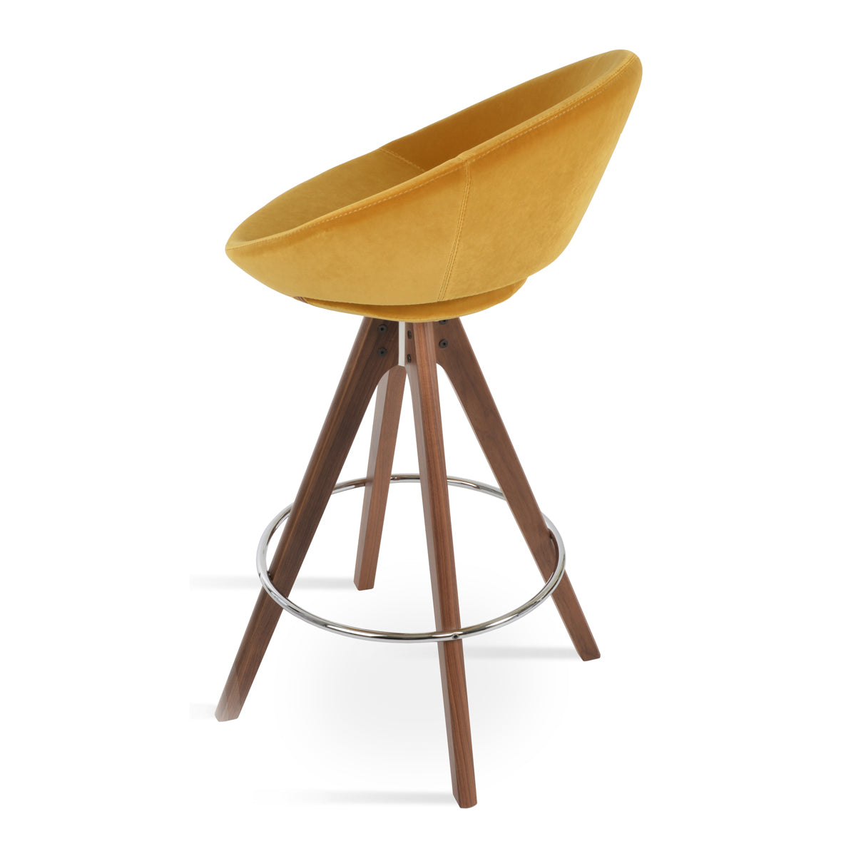 Crescent Pyramid Swivel Stool by SohoConcept, showing side view of crescent pyramid swivel stool in american walnut wood/new gold velvet.