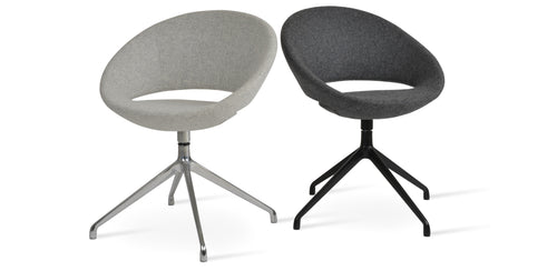 Crescent Spider Swivel Dining Chair by SohoConcept, showing angle view of crescent spider swivel dining chairs in no casters/aluminum black/camira blazer dark grey wool & aluminum/camira blazer silver wool.