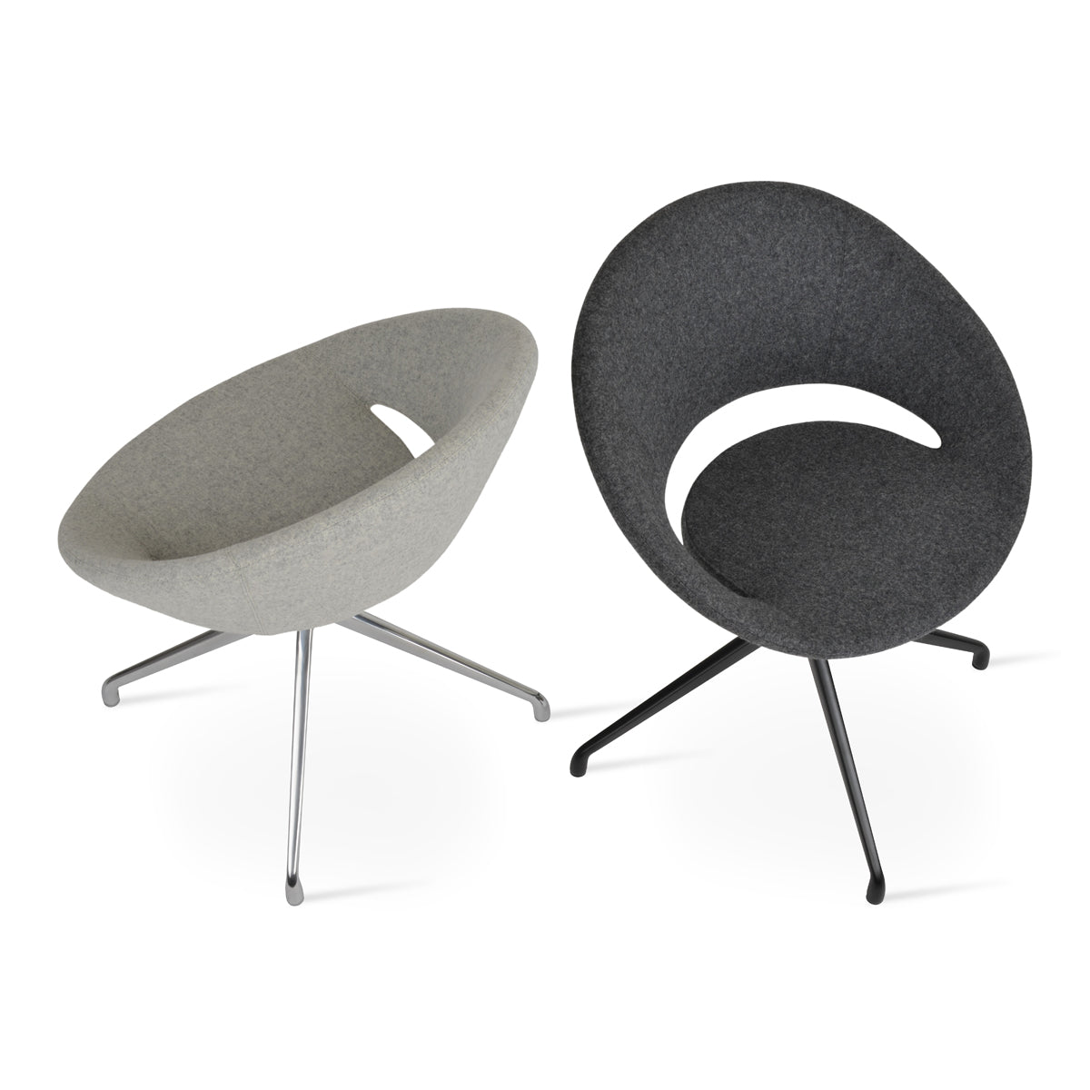 Crescent Spider Swivel Dining Chair by SohoConcept, showing top view of crescent spider swivel dining chairs in no casters/aluminum black/camira blazer dark grey wool & aluminum/camira blazer silver wool.