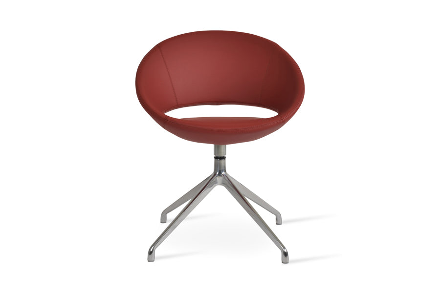 Crescent Spider Swivel Dining Chair by SohoConcept, showing front view of crescent spider swivel dining chair in aluminum/dark red ppm/no casters.