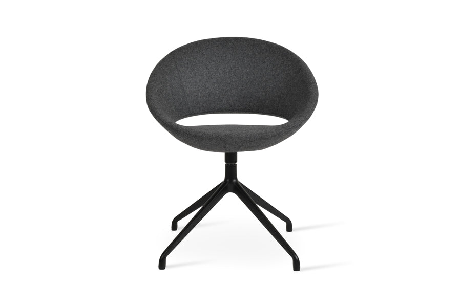 Crescent Spider Swivel Dining Chair by SohoConcept, showing front view of crescent spider swivel dining chair in aluminum black/camira blazer dark grey wool/no casters.